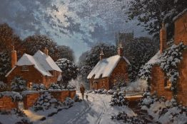 R.Taffard (20th Century), oil on canvas, A winter landscape depicting a lone figure and his dog