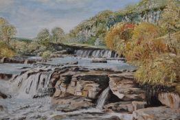 M.Huddleston (20th Century), oil on board, 'River Leven', a waterfall, label verso, measuring 23cm x