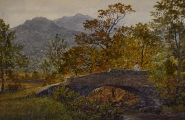 Ward Heys (19th Century, British), a watercolour, A woman contemplating on a stone arched bridge,