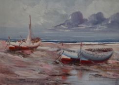 Unknown Artist, 20th Century, an oil on board, Fishing boats on a beach, signed indistinctly to