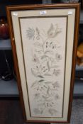 A framed and mounted contemporary embroidered panel depicting stylised flowers, 48cm x 106cm