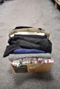 A varied lot of vintage and retro ladies and gents clothing, including gents navy blue velvet
