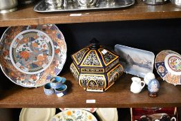 A variety of items, including cloisonne enamel napkin rings,eggs, Copenhagen plate and Japanese