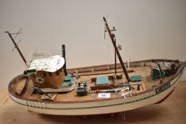 A scratch built model wooden trawler boat, E382, 50cm long