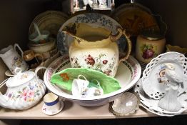 A mixed lot of vintage and antique ceramics, including wash basin, large jug, teapot, biscuit