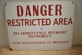 An enamelled red on white 'Danger' sign, measuring 40cm x 50cm
