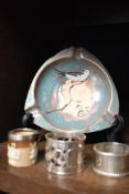 A Doulton Lambeth cabinet cup, having Hallmarked silver cuff, two Hallmarked silver napkin rings and