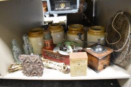 A miscellany of items, comprising; antique primitive wooden printing block, Codd bottles, enamel