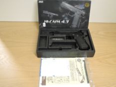 A Hi-Capa 4.3 Automatic Gas Blow Back CO2 Powered BB.45 Air Soft Gunl, in card box. Purchaser must