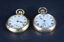 A 10ct gold plated top-wound open-faced pocket watch, having Roman hours and subsidiary seconds