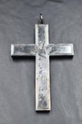 An oversized white metal cross pendant of brutalist hollow form, approx 90mm long & 20g