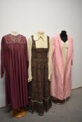 A 1960s Jean Varon pink grosgrain coat with cream crepe cuffs and diamante buttons, a 1970s Daniel