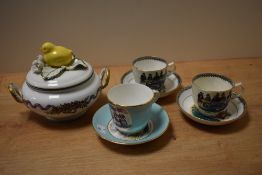 A Wedgwood twin handled lidded bowl, with transfer printed decoration, together with hand painted