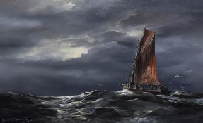 David A. James (b.1944, British), oil on canvas, A maritime landscape depicting a masted boat in