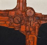 20th Century School, sculptural relief on board, A brutalist style design in red, black, and
