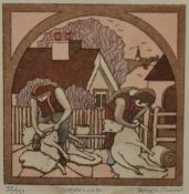 After Roger Green (20th Century), screen print, 'shearing', signed in pencil, framed, mounted, and