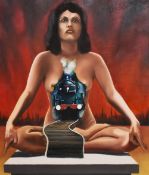 20th Century School, oil on board, A surrealist style depiction of a seated female nude and steam