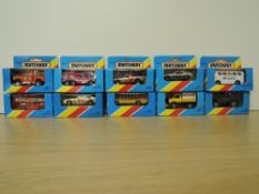 Ten 1981 Matchbox die-casts, MB17 London Bus You'll Love New York, MB47 School Bus, MB48 Unimog,