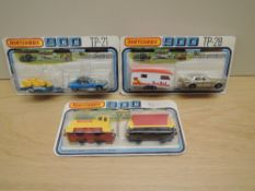 Three 1978 Matchbox 900 diecast sets, TP20 Shunter & Tipper, TP21 Citroen SM with Trailer and TP28