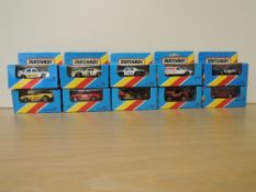 Ten 1981 Matchbox die-casts, MB1 Dodge Challenger, MB3 Porsche Turbo, MB4 57 Chevrolet, MB5 4x4