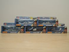 Five 1970's Matchbox Superfast Sea Kings die-casts, K303 Battleship, K304 Aircraft Carrier, K305
