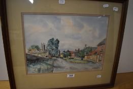 J.W. Dyas (20th Century), watercolour, A village scene with a row of houses and church in the