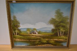 Artist Unknown (20th Century), acrylic, A brightly coloured landscape with hut to centre, framed,