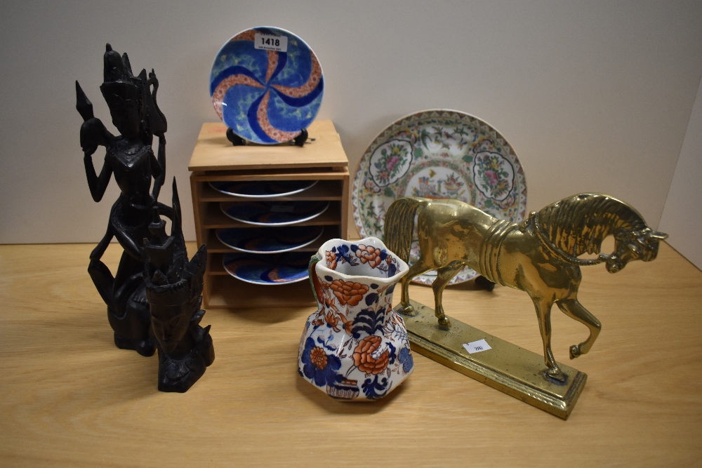 Two Balinese style hand carved figures, a set of five Meiji Imari style geometric plates, a - Image 2 of 6