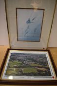 A framed photographic print of a birdseye view of Lancaster and a contemporary butterfly print