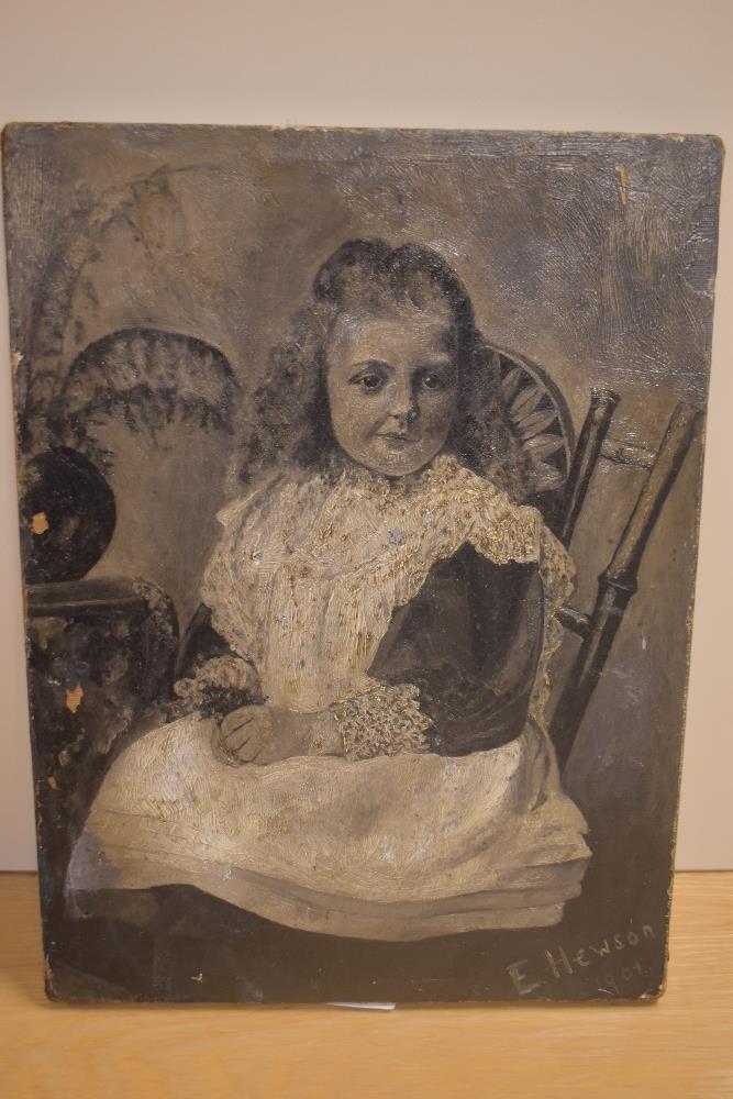 After E Hewson an oil painting of a small girl in grey tones.