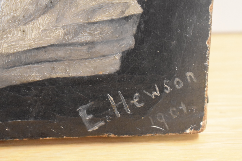 After E Hewson an oil painting of a small girl in grey tones. - Image 2 of 3