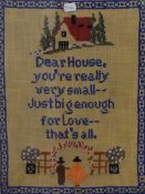 A box of five assorted embroidered pictures, to include two needlework samplers, the largest
