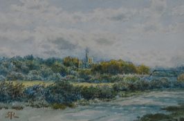 S.R (20th Century), three watercolours, 'Hornby Castle', Lancashire, another with lakeside to the