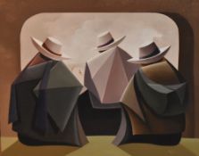 Adalio (20th Century, Peruvian School), acrylic on board, Figures in Peruvian dress with mountains