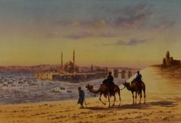 In the manner of Edwin Lord Weeks (1849-1903, American), watercolour, A desert landscape with camels