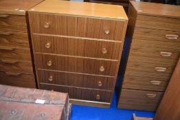 A vintage bedroom chest of five drawers, dimensions approx W77 D48 H101cm (handles af)