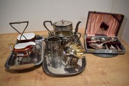 A selection of plated ware, including a Wedgewood condiment set and a boxed set of spoons.