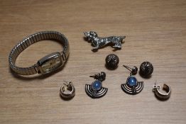 An Infinite ladies wristwatch with expandable strap, a pair of Art Deco style blue stone earrings, a