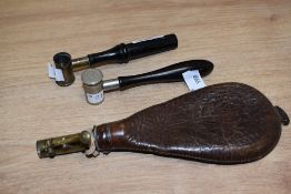 A 19th Century leather powder pouch, with two powder drams