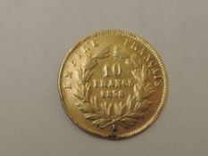 A 1858 Napoleon III 10 Franc Gold Coin, Bare Head, approx 3.2g