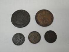 A small collection of GB Coins, 1767 Penny, 1857 Penny, 1823 Farthing, 1821 Farthing and 1839 Isle