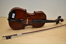 A modern violin having 13inch one piece back, with bow and case