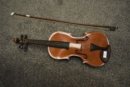 A traditional violin, labelled John G Murdoch, London - The Maidstone, with bow but no case