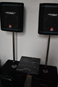 A PA system comprising Yamaha EMX5014C powered mixer (with box) , pair of Peavey Hisys6XT and pair