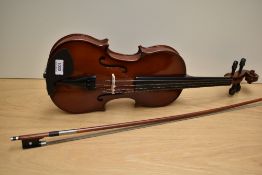A modern violin having two piece 13inch back , with bow and case