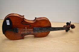A modern violin having 4inch one piece back , unlabelled, with Hiscox fitted case