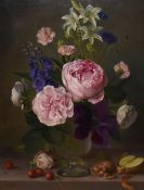 Gerald Norden (1912-2000, British), oil on board, A still life arrangement depicting pink roses