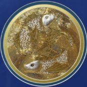 20th Century, A Japanese style gilt embroidery depicting koi carp, displayed within a blue card
