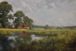 Peter J. Greenhill (b.1939, British), oil on canvas, A picturesque countryside landscape depicting a