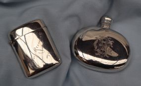 A Victorian silver hip flask, of oval form with screw on lid, engraved, London, 1865,
